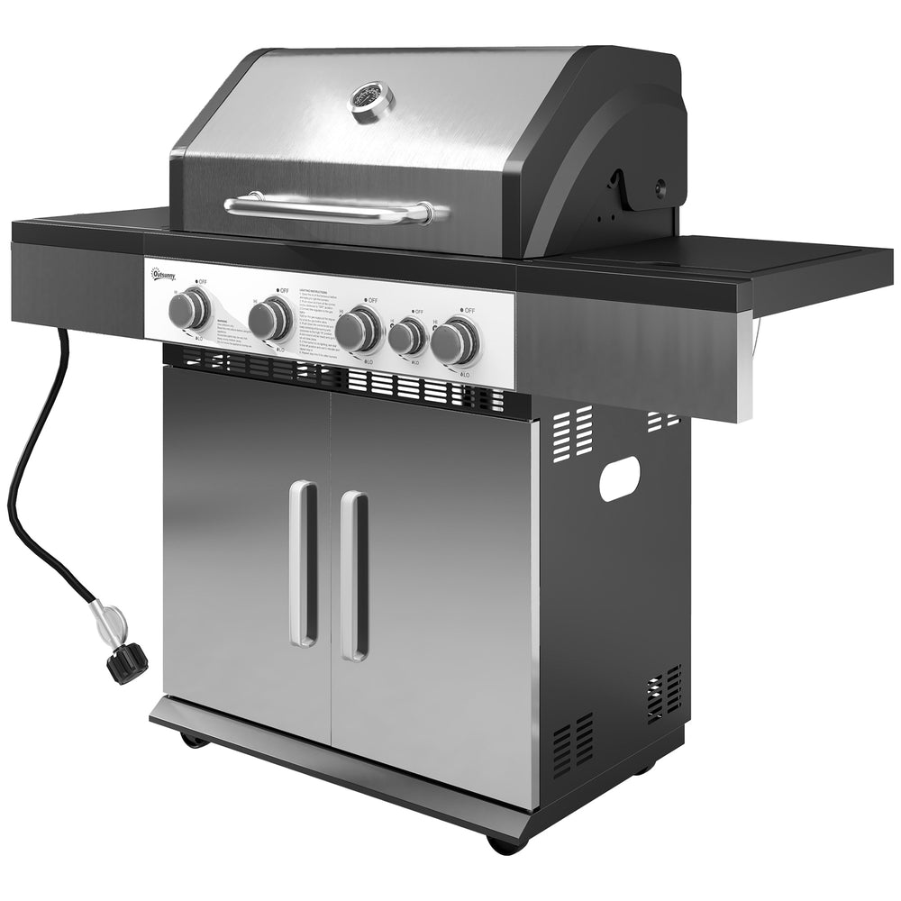 4+1 Burner Liquid Propane Gas Grill Outdoor Portable BBQ with Side Burner, Warming Rack, Side Shelf, Storage Cabinet, Thermometer, 4 Wheels, Tank Holder, Silver