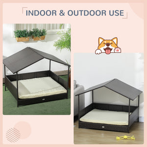 Outdoor Dog House Wicker Dog Bed with Soft Cushion Washable Cover, for Medium Large Dogs Indoor Outdoor, Cream White
