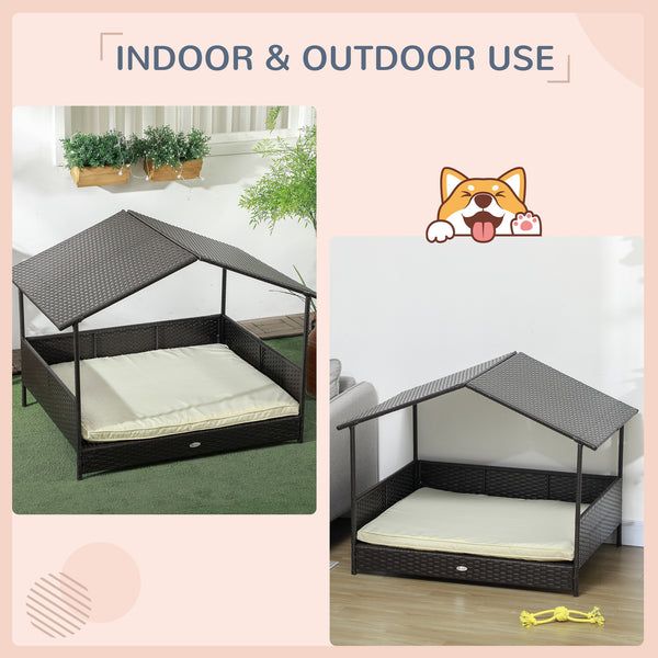 Outdoor Dog House Wicker Dog Bed with Soft Cushion Washable Cover, for Medium Large Dogs Indoor Outdoor, Cream White