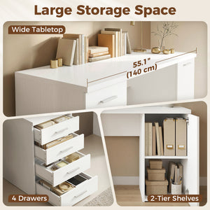 Bureau d'ordinateur avec étagère réglable, tiroirs et armoire, aspect bois blanc.