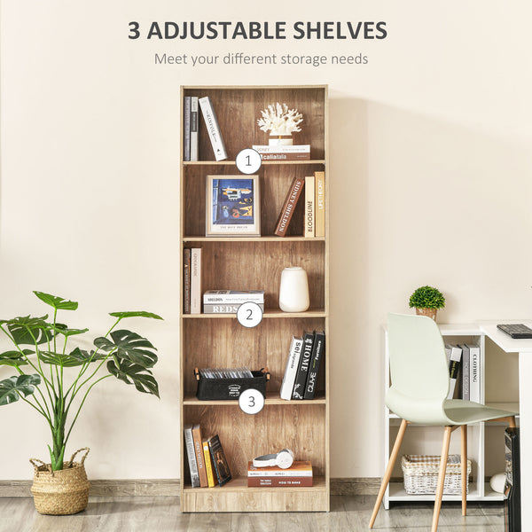 Bibliothèque à 5 niveaux avec tablettes réglables pour salon, bureau, bois naturel