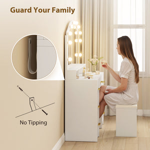 Coiffeuse avec miroir et 10 lumières LED, 3 couleurs réglables, 7 tiroirs, 3 compartiments, blanche