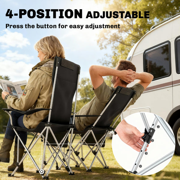 Ensemble de 2 chaises de camping inclinables avec repose-pieds, pliante avec appui-tête, porte-gobelet et sac de rangement, orange