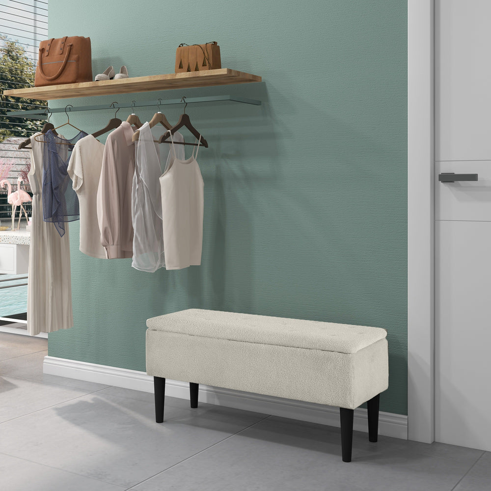 Banc de rangement moderne avec revêtement en laine d'agneau, blanc crème