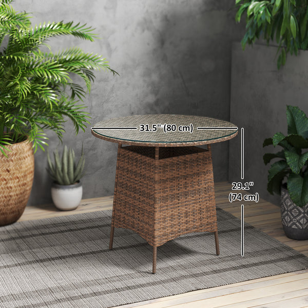 Table de jardin ronde avec trou pour parasol, table basse bistro avec plateau en verre trempé, marron