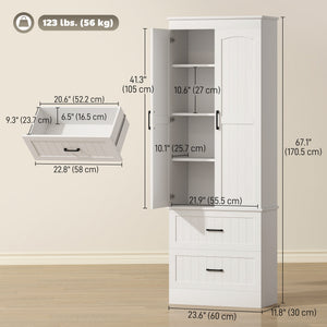 Armoire de rangement haute 67 po, avec étagères réglables et 2 tiroirs, Blanc