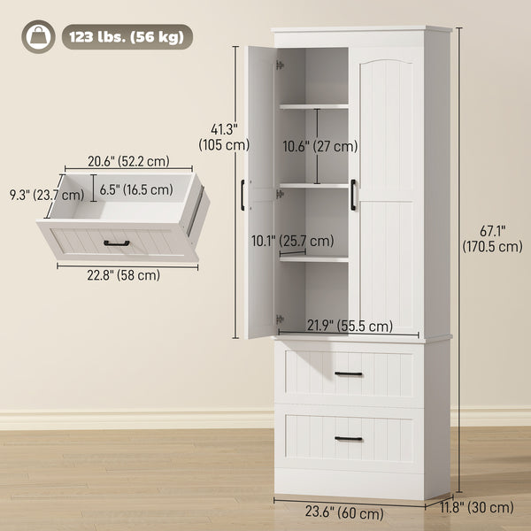 Armoire de rangement haute 67 po, avec étagères réglables et 2 tiroirs, Blanc