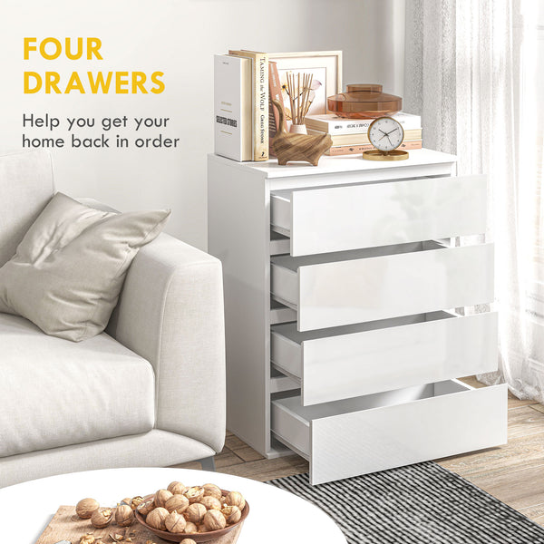 Commode 4 tiroirs, finition brillante, avec glissières métalliques et poignées rainurées, blanc
