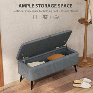 Banc ottoman de rangement rembourré en lin et pieds en acier, gris foncé