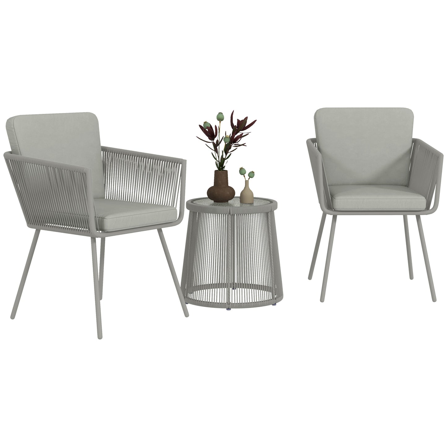 Outsunny 3-Piece Outdoor Bistro Set, Wicker Rattan Furniture with Metal Legs for Garden Backyard, Light Grey