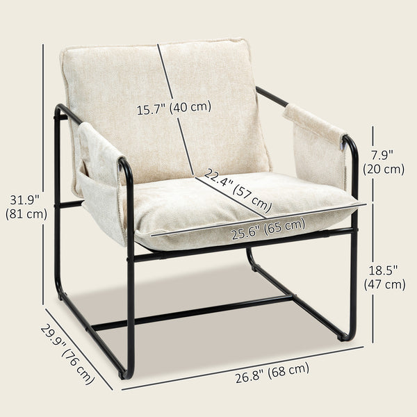 Fauteuil avec poches latérales et structure en acier, beige