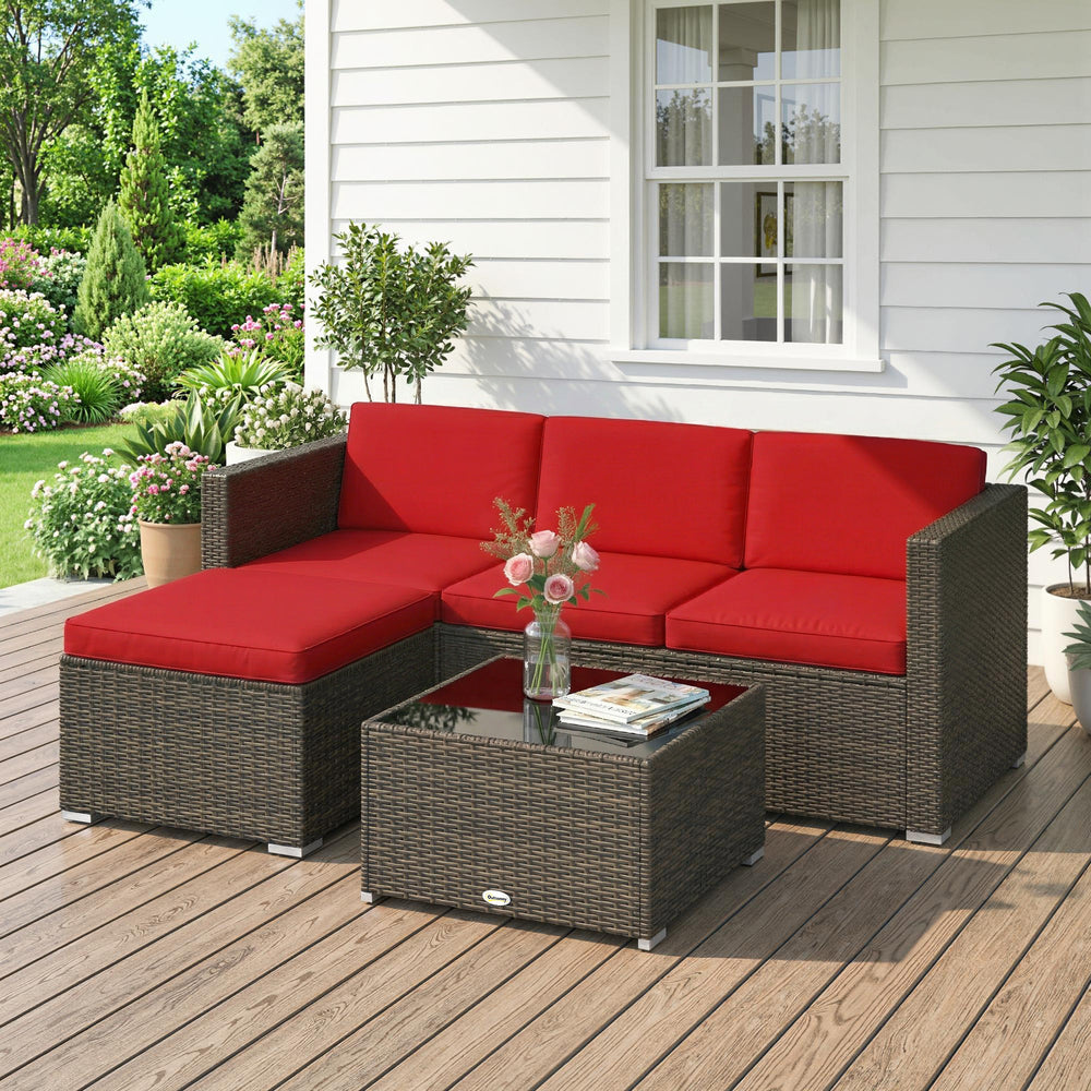Ensemble de mobilier de patio 3 pièces avec coussins, en rotin PE tressé avec table basse en verre