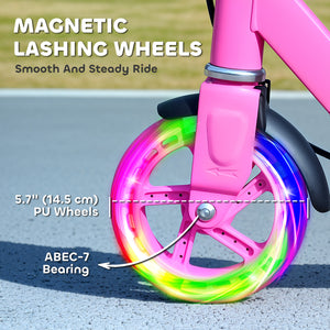 Scooter for children aged 3 to 8 years with light-up wheels, adjustable handlebars, rear brake and handbrake, pink