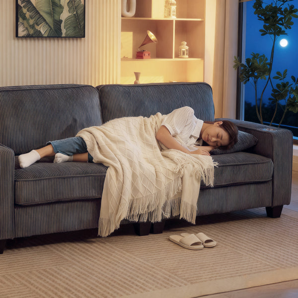 3-seater fabric sofa with spring cushions and cup holders, dark grey