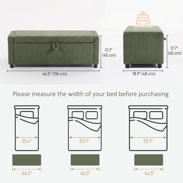 Corduroy Storage Ottoman with Thick Padding, Bedroom Storage Bench, Dark Green