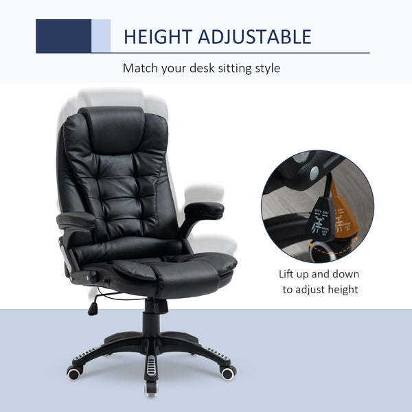 Fauteuil de bureau en cuir synthétique, inclinable, avec roulettes pivotantes, accoudoirs, hauteur réglable, dossier haut, noir