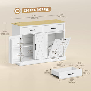 7-gallon (26.5-liter) tilt-out trash can cabinet with charging station, 2 drawers, 4 door shelves, white
