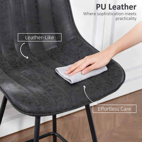 Set of 2 counter-height bar stools, upholstered in PU leather, with backrest, footrest and steel legs, black