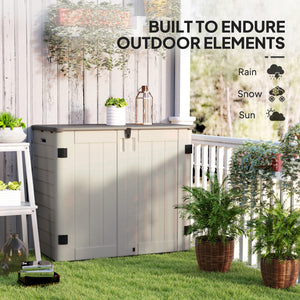 Outdoor storage cabinet with hinged lid and lockable doors