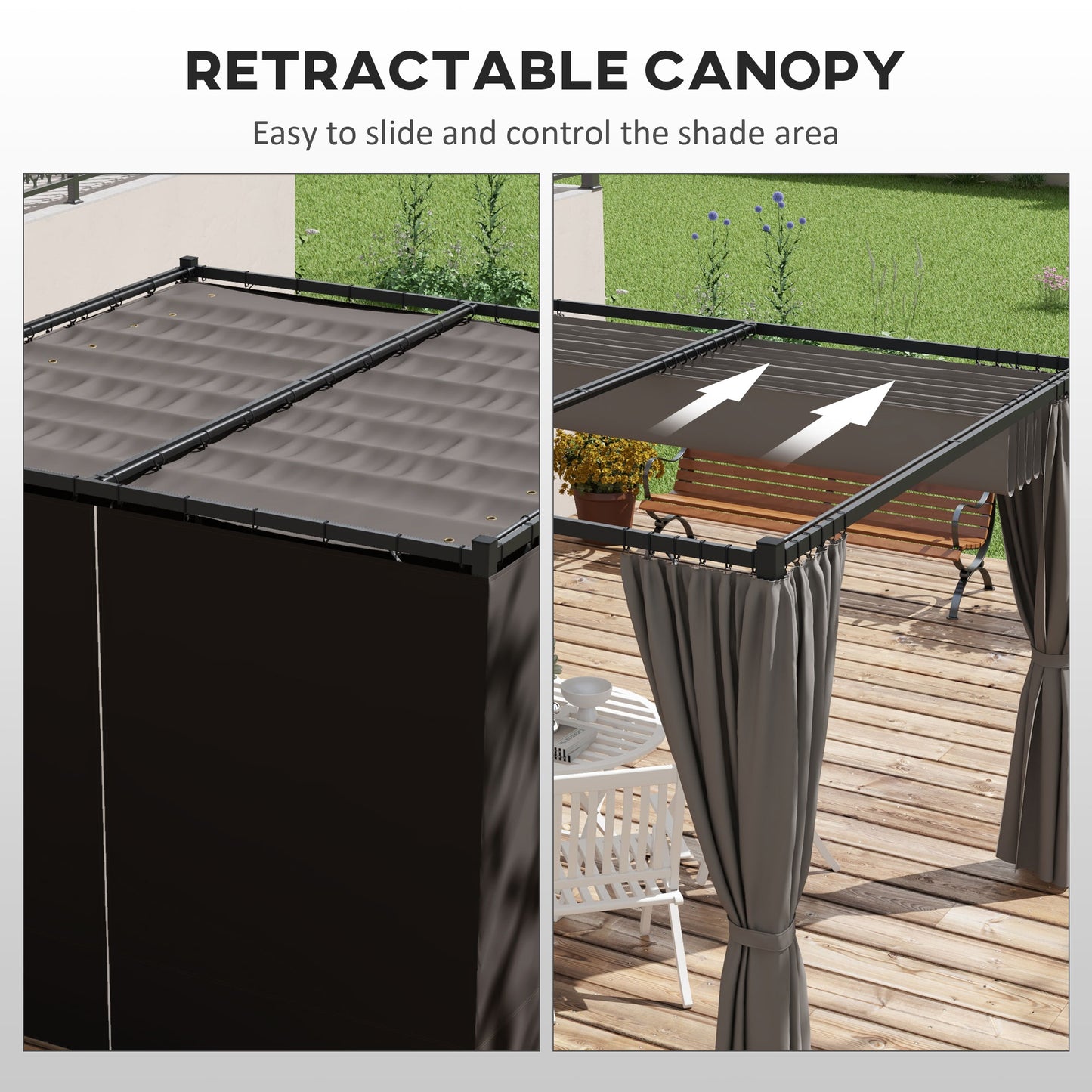 Pergola rétractable 10' x 10', abri de jardin avec rideaux, gris clair