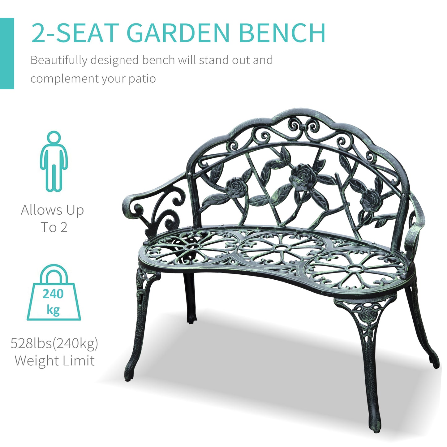 Outsunny 40 Inch Outdoor Garden Bench Cast Aluminum Antique Rose Style for Patio Park Yard Porch Balcony Lawn Green