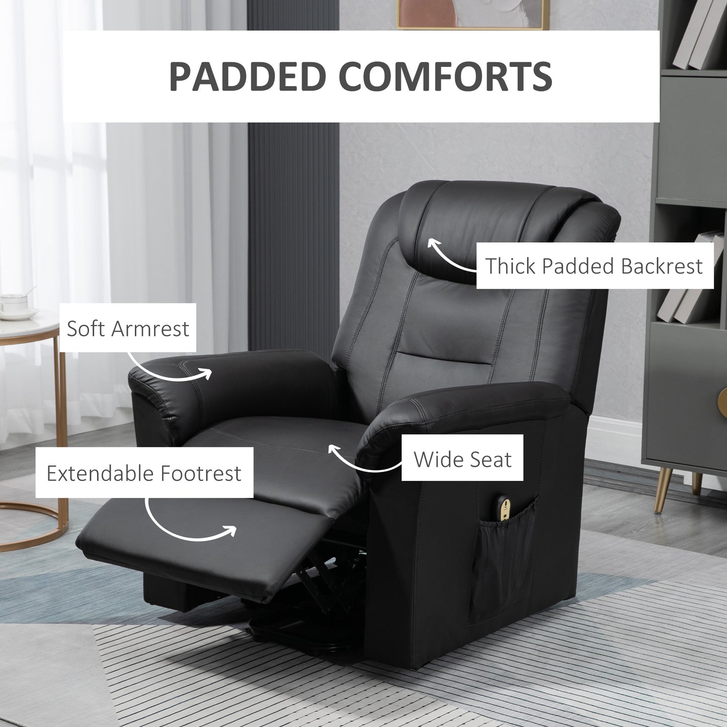 Fauteuil releveur électrique inclinable en cuir synthétique avec repose-pieds et télécommande, poches latérales, noir