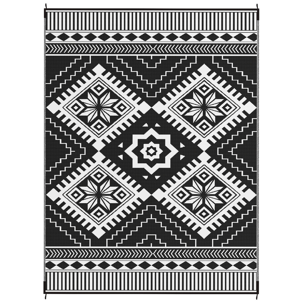 Tapis d'extérieur 9' x 12' pour camping-car, tapis de sol réversible avec sac de transport, motif losange dentelé, blanc et noir