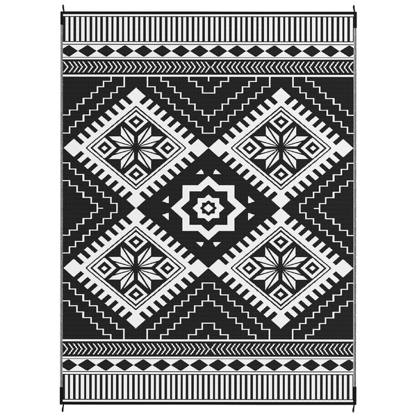 Tapis d'extérieur 9' x 12' pour camping-car, tapis de sol réversible avec sac de transport, motif losange dentelé, blanc et noir