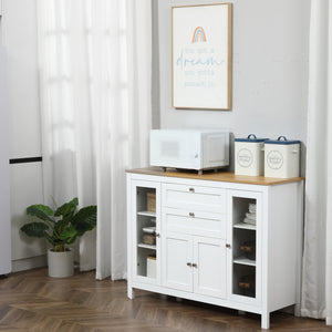 Buffet avec 2 tiroirs, 3 placards, portes vitrées et étagères réglables, blanc