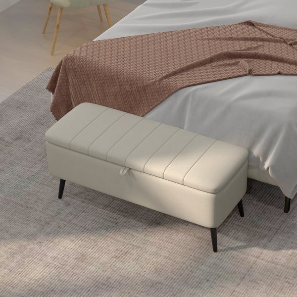 Pouf avec rangement rembourré en lin avec pieds en acier, blanc crème