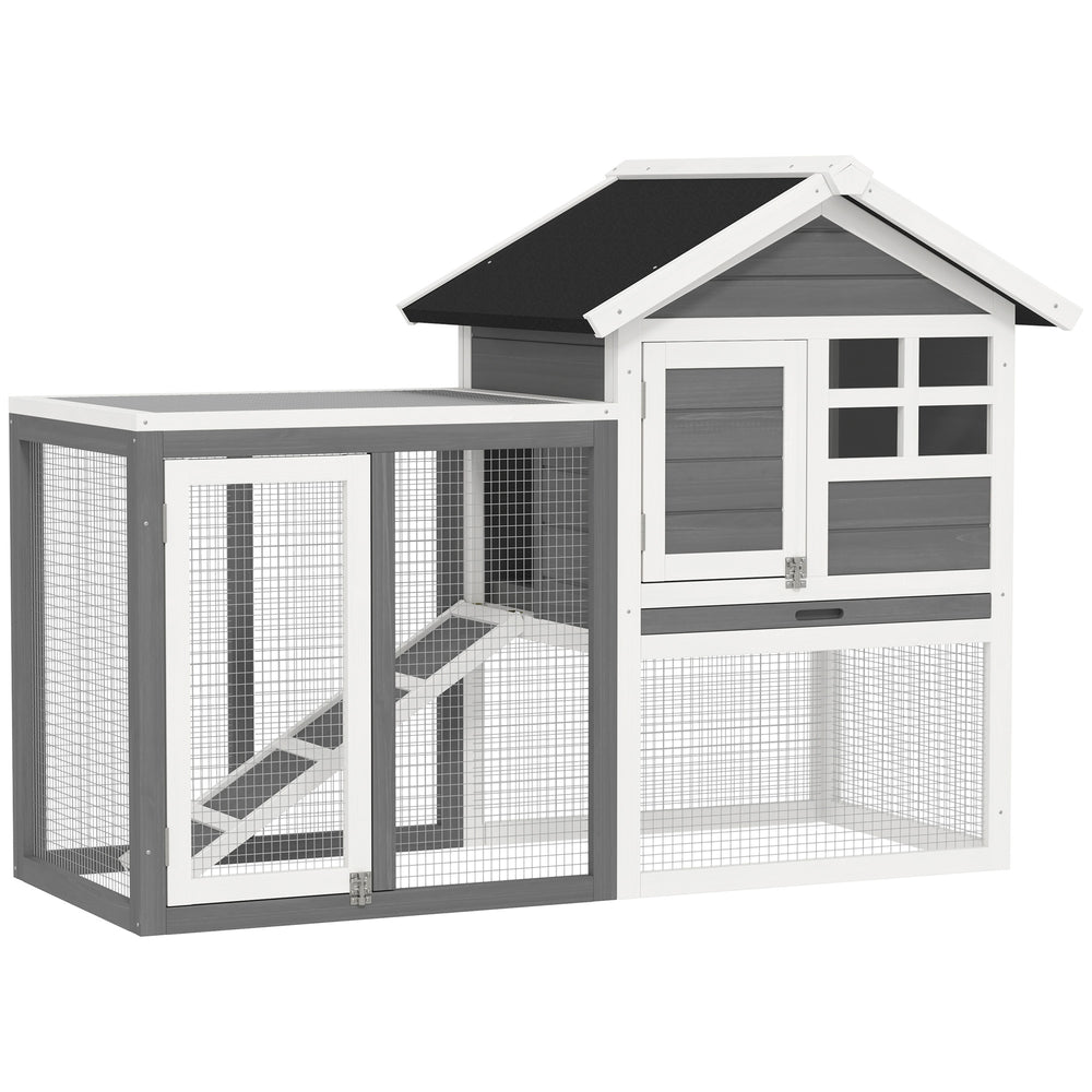 49" Weatherproof Wooden Rabbit Hutch With Slant Roof And Screened Outdoor Run, Grey
