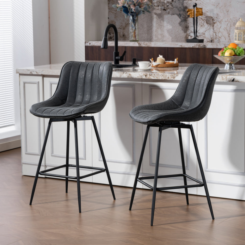 Set of 2 counter-height bar stools, upholstered in PU leather, with backrest, footrest and steel legs, black
