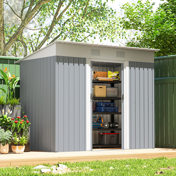 Metal garden shed with lockable sliding doors and ventilation, grey