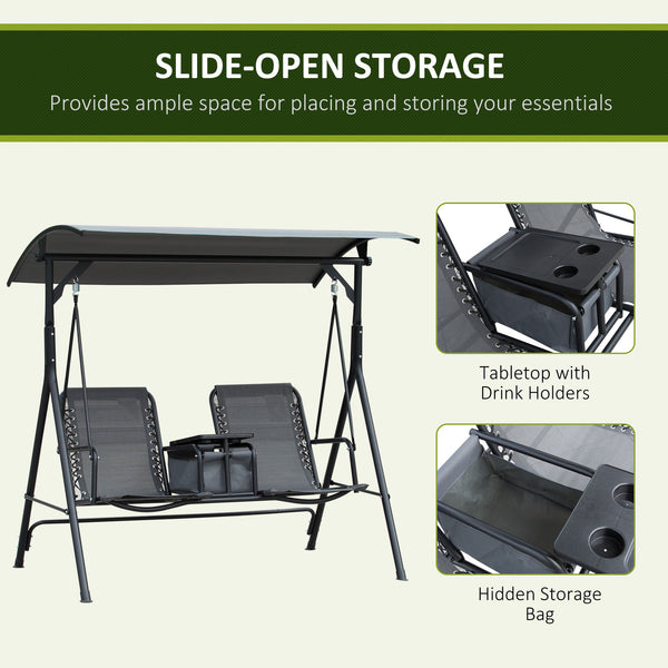 Balançoire pour 2 personnes avec table de rangement pivotante, grise