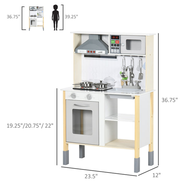 Cuisine enfant en bois avec lumières et sons réalistes, micro-ondes, hotte aspirante, blanc