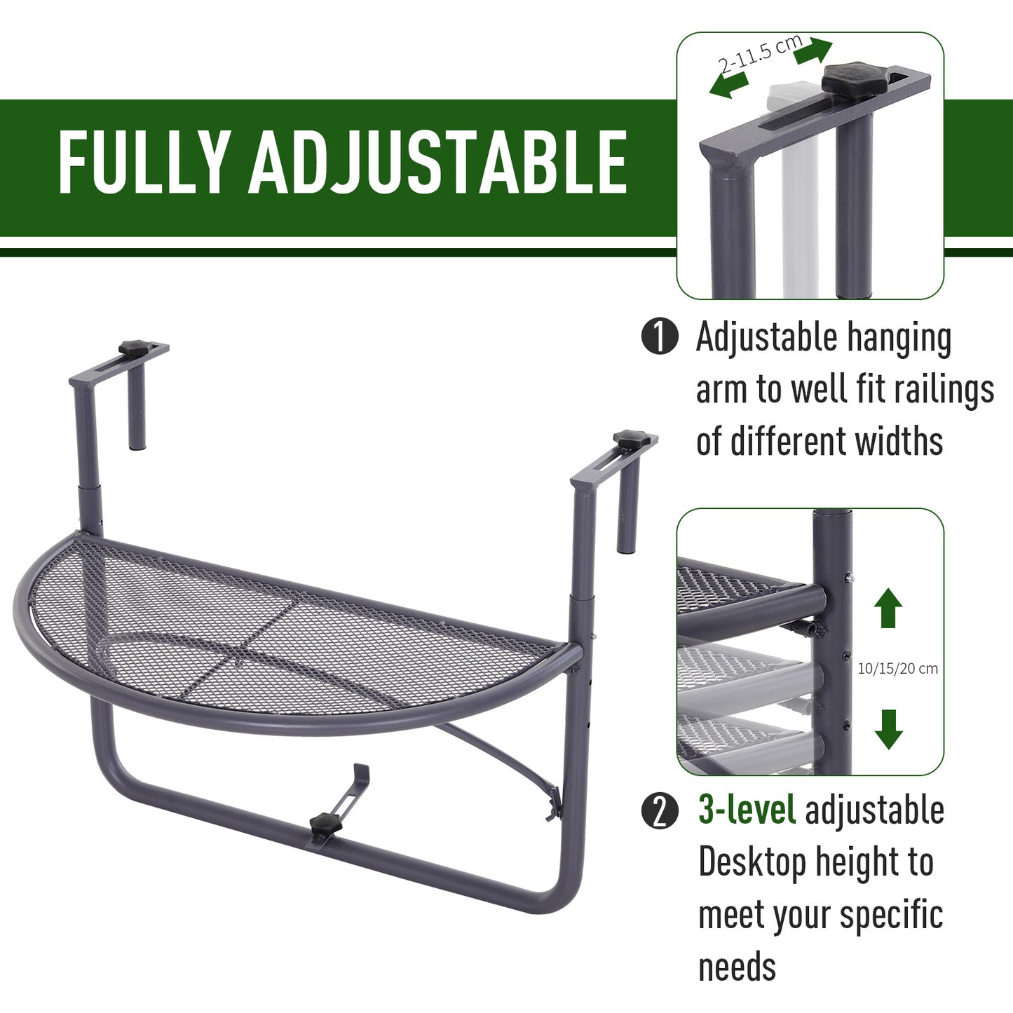 Outsunny Balcony Bliss: Hanging Rail Table, Adjustable Metal Wall Desk, Outdoor Storage Rack, Flower Stand, Serving Table, Gray |