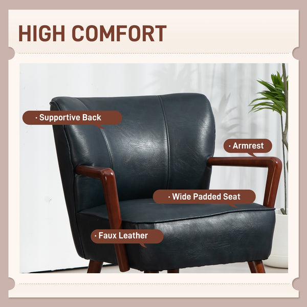 Fauteuil d'appoint rembourré en similicuir avec pieds en bois, bleu