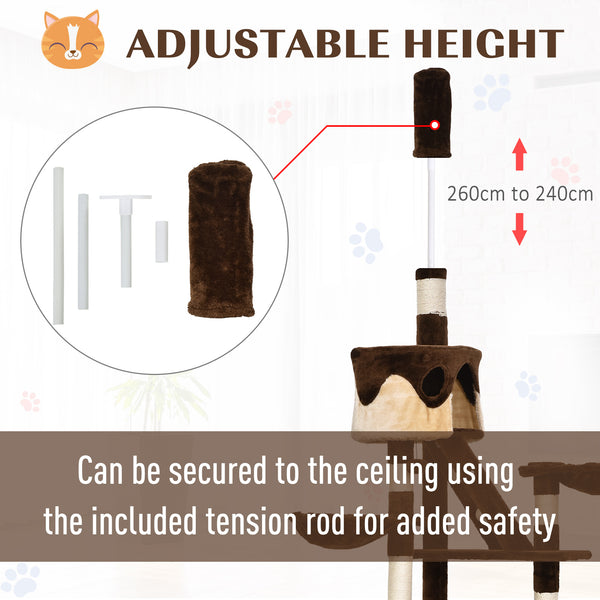 Arbre à chat géant de 240 à 250 cm, hauteur plafond, griffoir, centre d'activités, marron