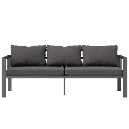 Canapé d'extérieur 3 places en aluminium avec coussins, assise large et accoudoirs, gris foncé