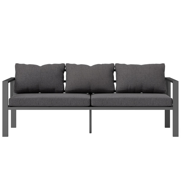 Canapé d'extérieur 3 places en aluminium avec coussins, assise large et accoudoirs, gris foncé