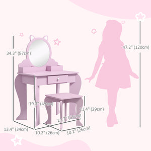 Coiffeuse avec miroir et tabouret, motif chat, rose