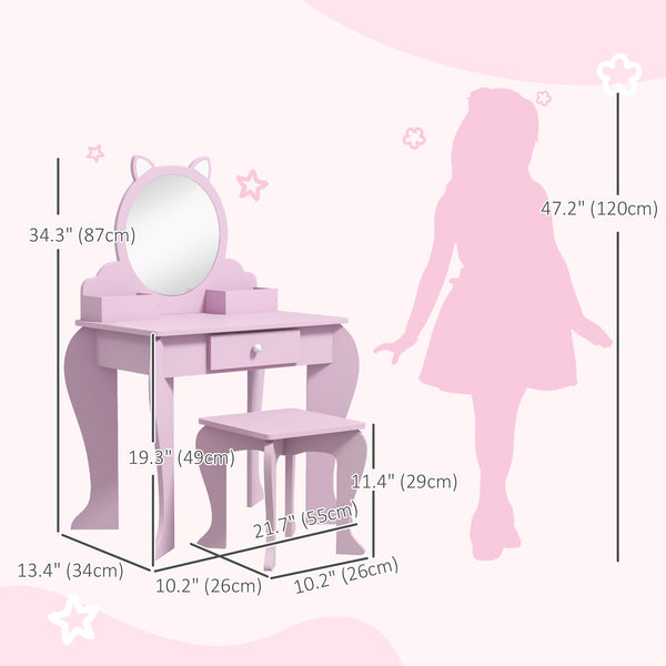 Coiffeuse avec miroir et tabouret, motif chat, rose