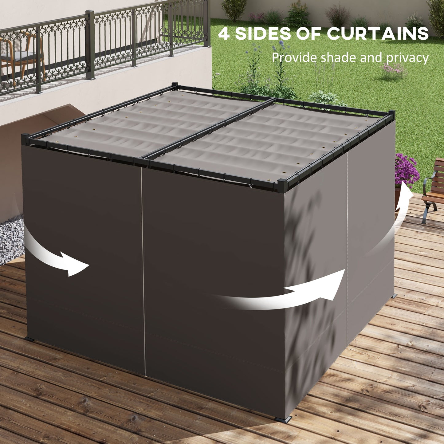 Pergola rétractable 10' x 10', abri de jardin avec rideaux, gris clair