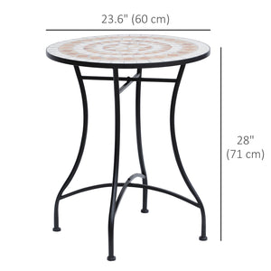 23.5" Mosaic Round Patio Table, Metal Side Bistro Coffee Table, Outdoor Furniture, Ceramic Tabletop for Garden Lawn