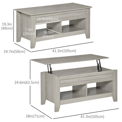 Table basse relevable avec compartiment de rangement dissimulé et étagères ouvertes pour salon, gris clair