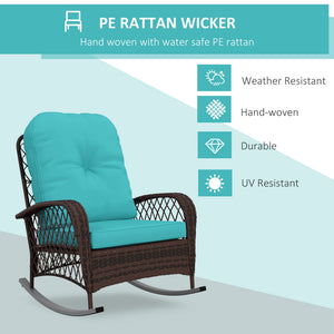 Outdoor Wicker Rattan Rocking Chair Patio Rocker with Thick Cushions for Garden Backyard Porch, Turquoise