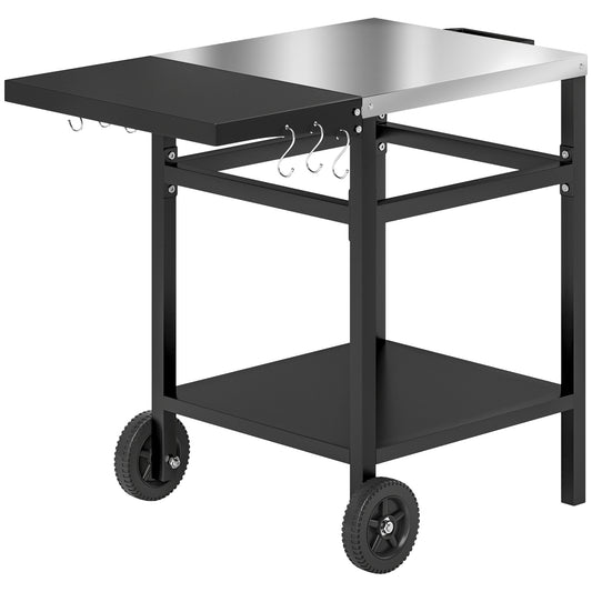 Outsunny Outdoor Kitchen Prep Station with Stainless Steel Top and Foldable Side Table, Pizza Oven Table Outdoor Prep Table with Hooks Shelf, Movable BBQ Table with Cover, Black |