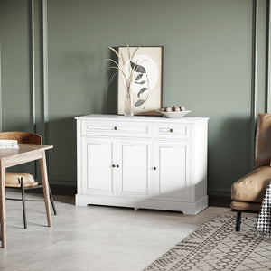 Buffet moderne avec 2 tiroirs et étagères réglables, idéal pour la salle à manger, blanc.