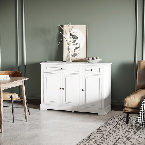Buffet moderne avec 2 tiroirs et étagères réglables, idéal pour la salle à manger, blanc.