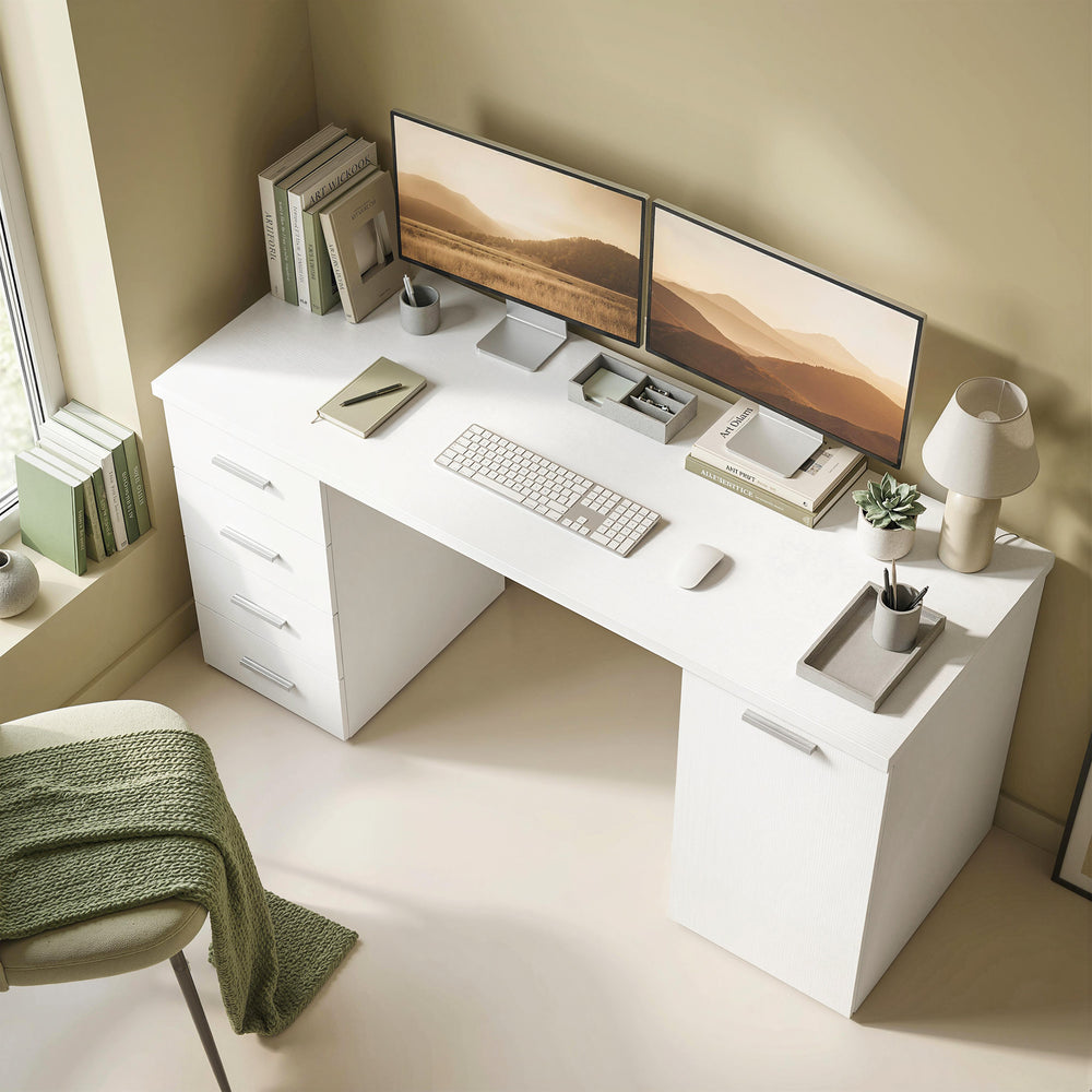 Bureau d'ordinateur avec étagère réglable, tiroirs et armoire, aspect bois blanc.